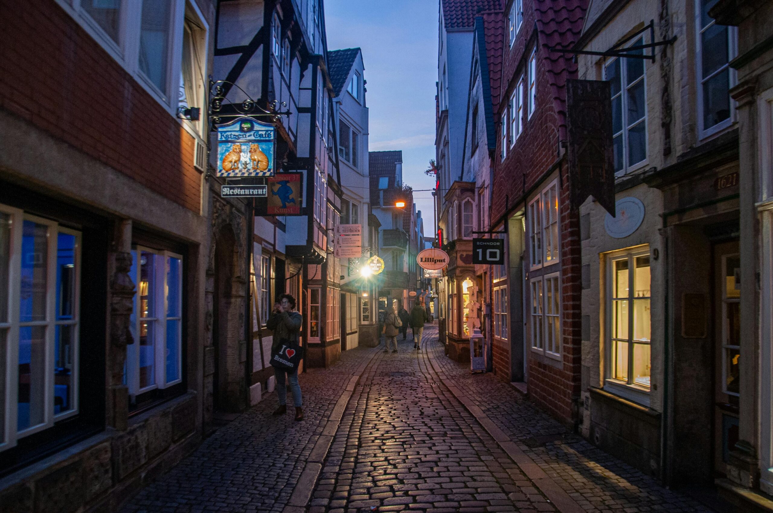 A quaint European alley with lit storefronts and cobblestones at twilight, capturing a warm atmosphere.